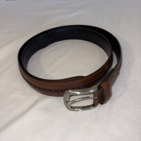 Coated Leather Dress Belt Men’s Sz 40-42” Brown Silver Buckle Inlay Braid - Picture 1 of 5